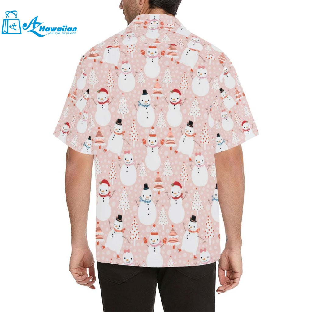 Cute Snowman Christmas Tree Snowpink Background Mens All Over Print Hawaiian Shirt