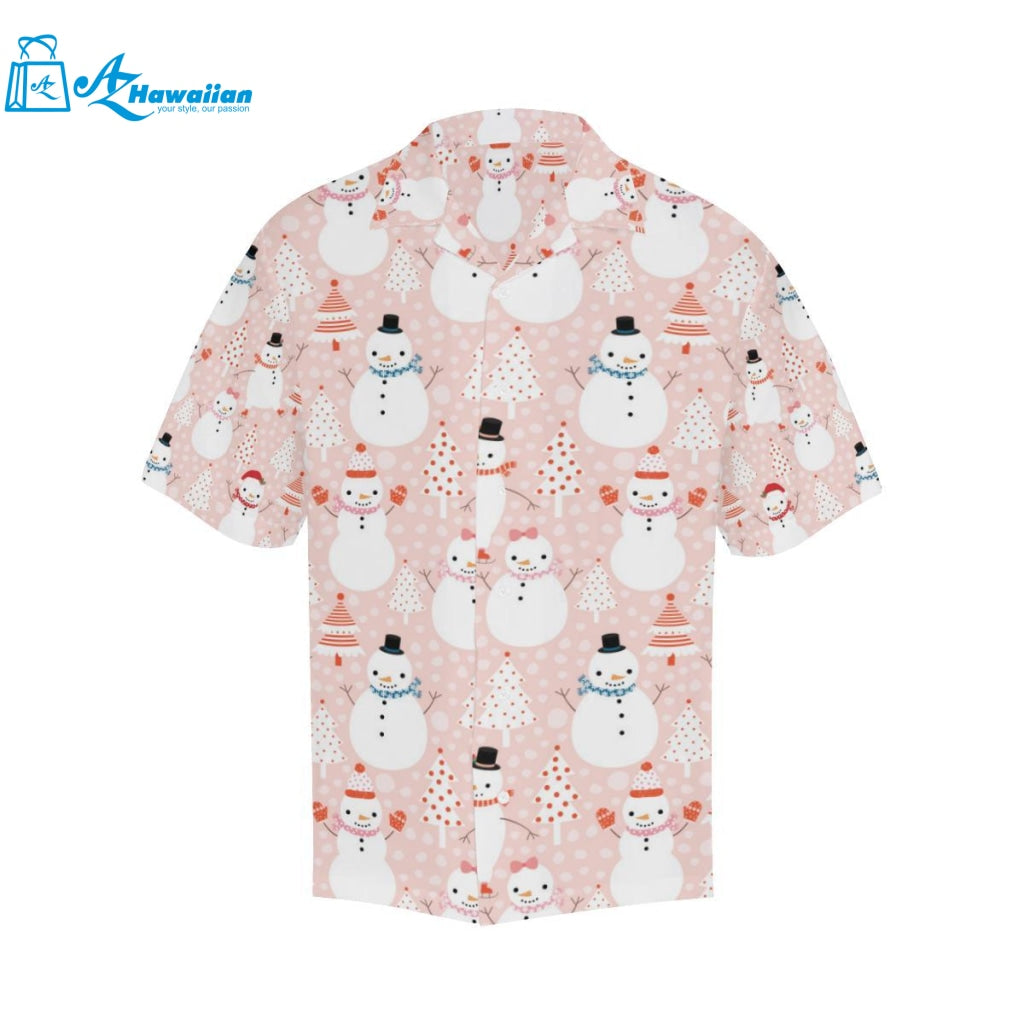 Cute Snowman Christmas Tree Snowpink Background Mens All Over Print Hawaiian Shirt