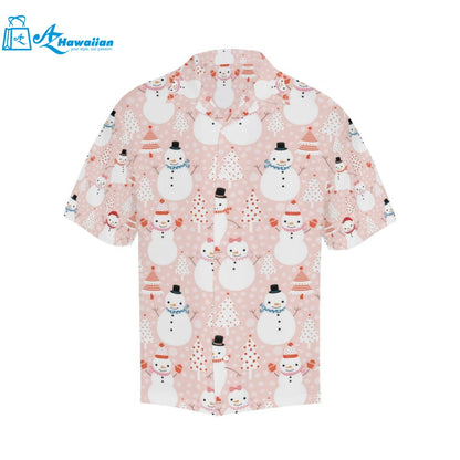 Cute Snowman Christmas Tree Snowpink Background Mens All Over Print Hawaiian Shirt