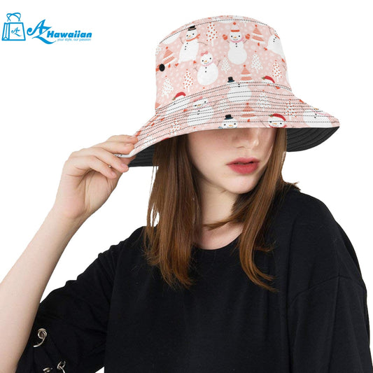 Cute snowman christmas tree snowpink background Unisex Bucket Hat