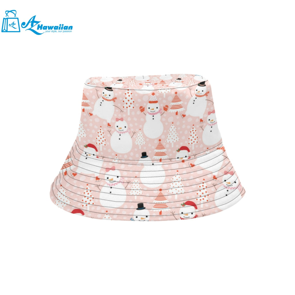 Cute snowman christmas tree snowpink background Unisex Bucket Hat