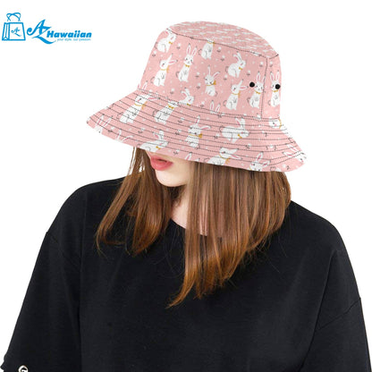 Cute white rabbit flower pink background Unisex Bucket Hat