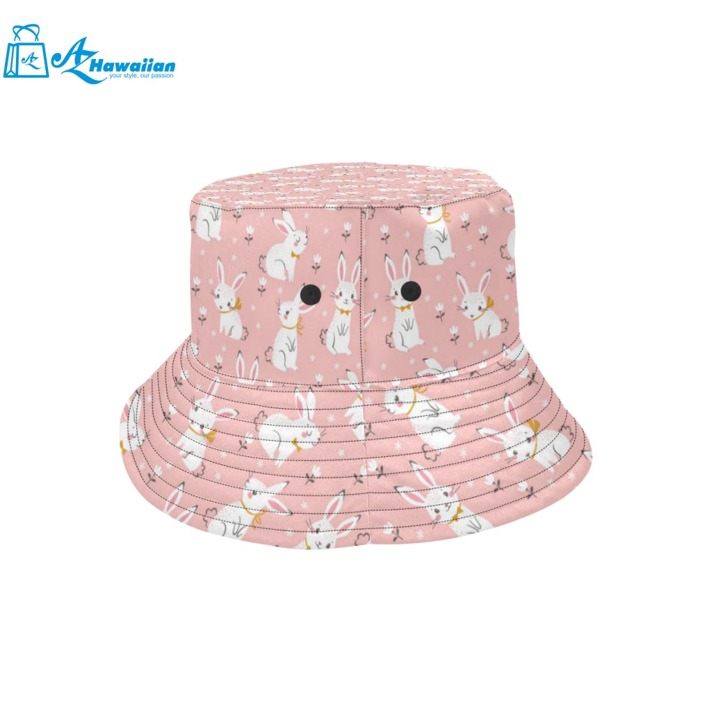 Cute white rabbit flower pink background Unisex Bucket Hat