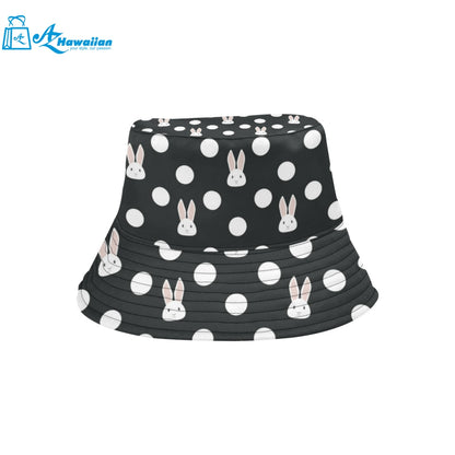 Cute white rabbit polka dots black background Unisex Bucket Hat