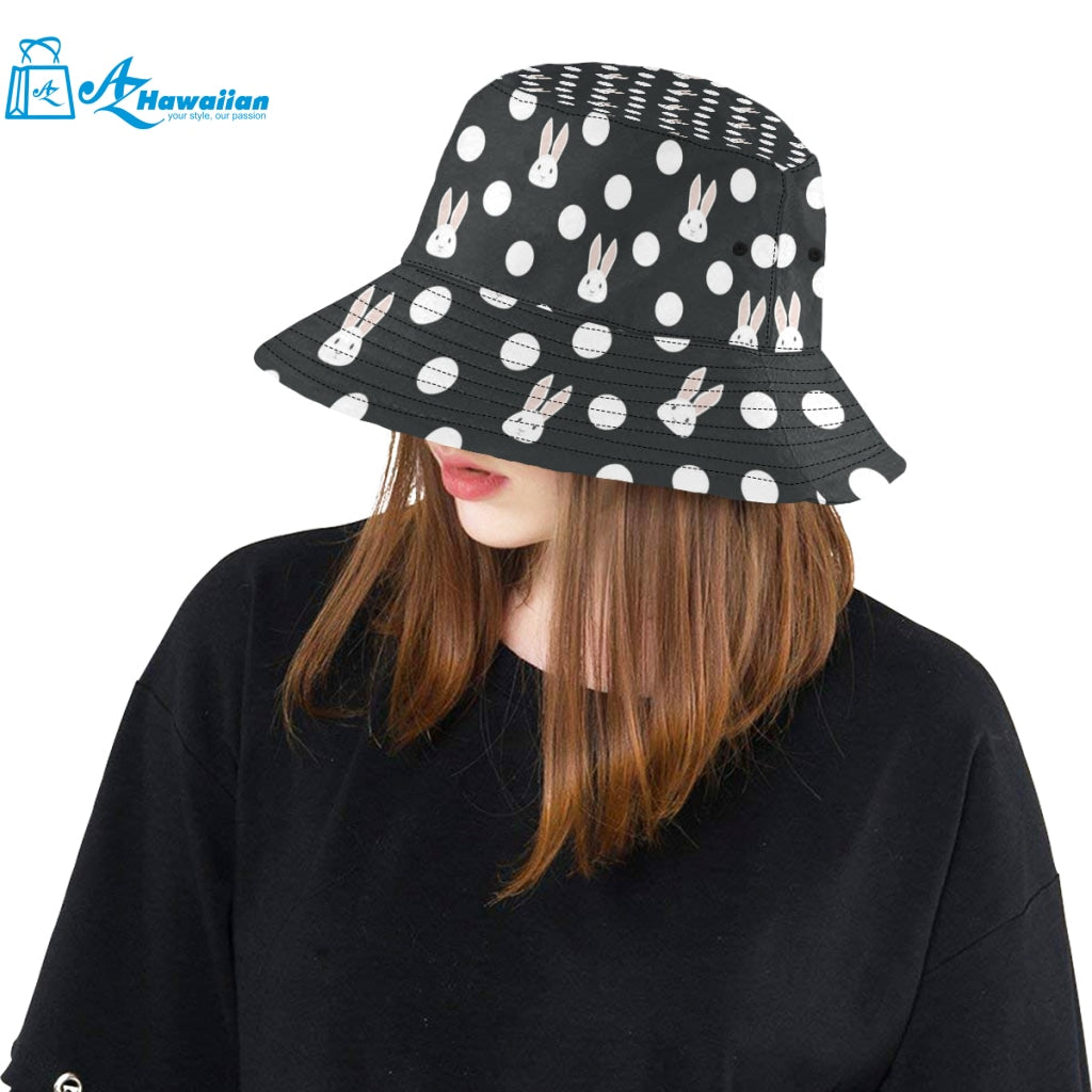 Cute white rabbit polka dots black background Unisex Bucket Hat