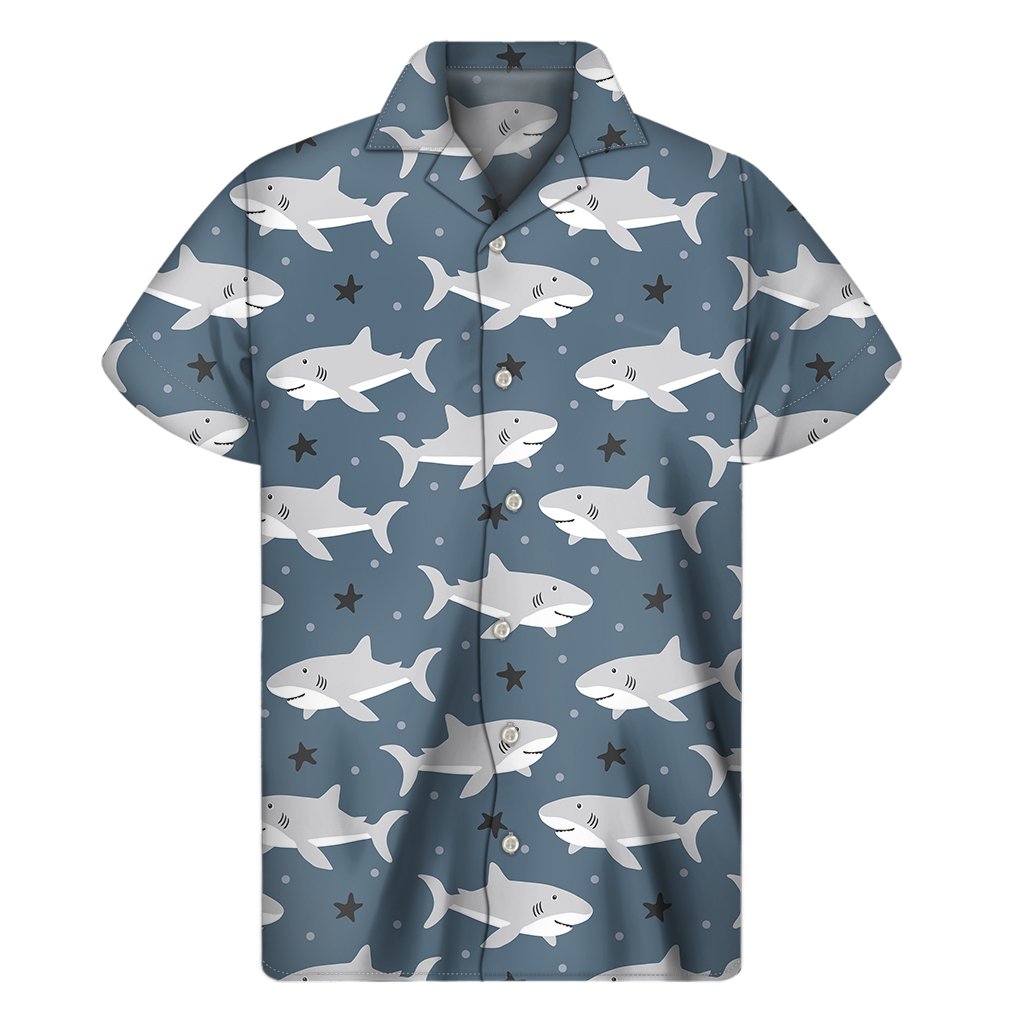 Cute White Shark Pattern Print Mens Short Sleeve Shirt Hawaiian