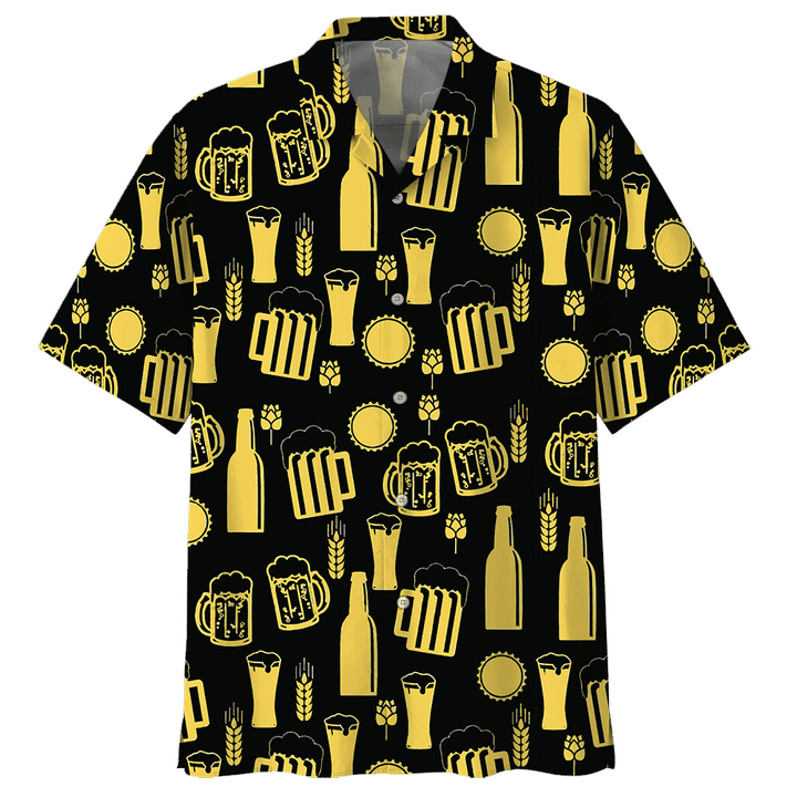 Black And Yellow Beer Pattern Unisex Hawaiian Aloha Shirts