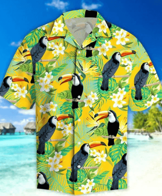 Yellow Parrots Hibiscus Tropical Hawaiian Aloha Shirts #DH