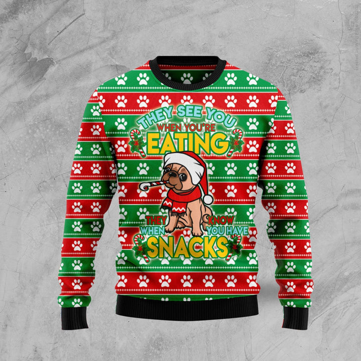 French Bulldog See You Eating Snacks Ugly Christmas Sweater 