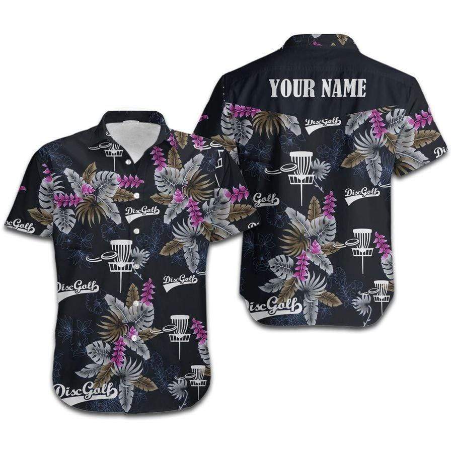 Hawaiian Aloha Shirts Disc Golf Floral On Black Backgound Custom Name