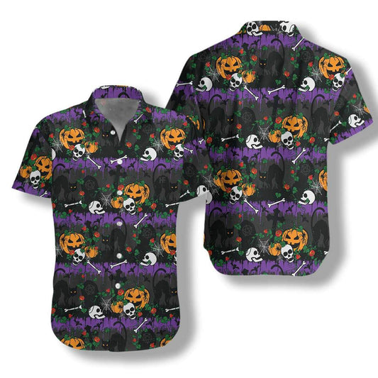 Hawaiian Aloha Shirts Halloween Pumpkin And Black Cats