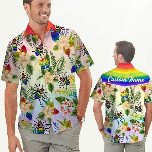 Hawaiian Aloha Shirts Rainbow Bee Hibiscus Lgbt Pride Custom Name