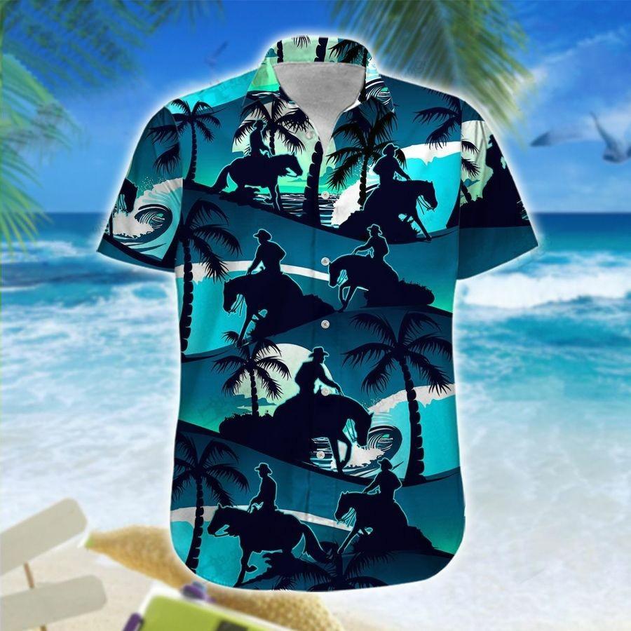 Hawaiian Aloha Shirts Reining Horse Blue Palm