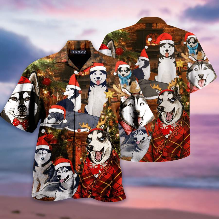 Hawaiian Aloha Shirts Christmas With Husky