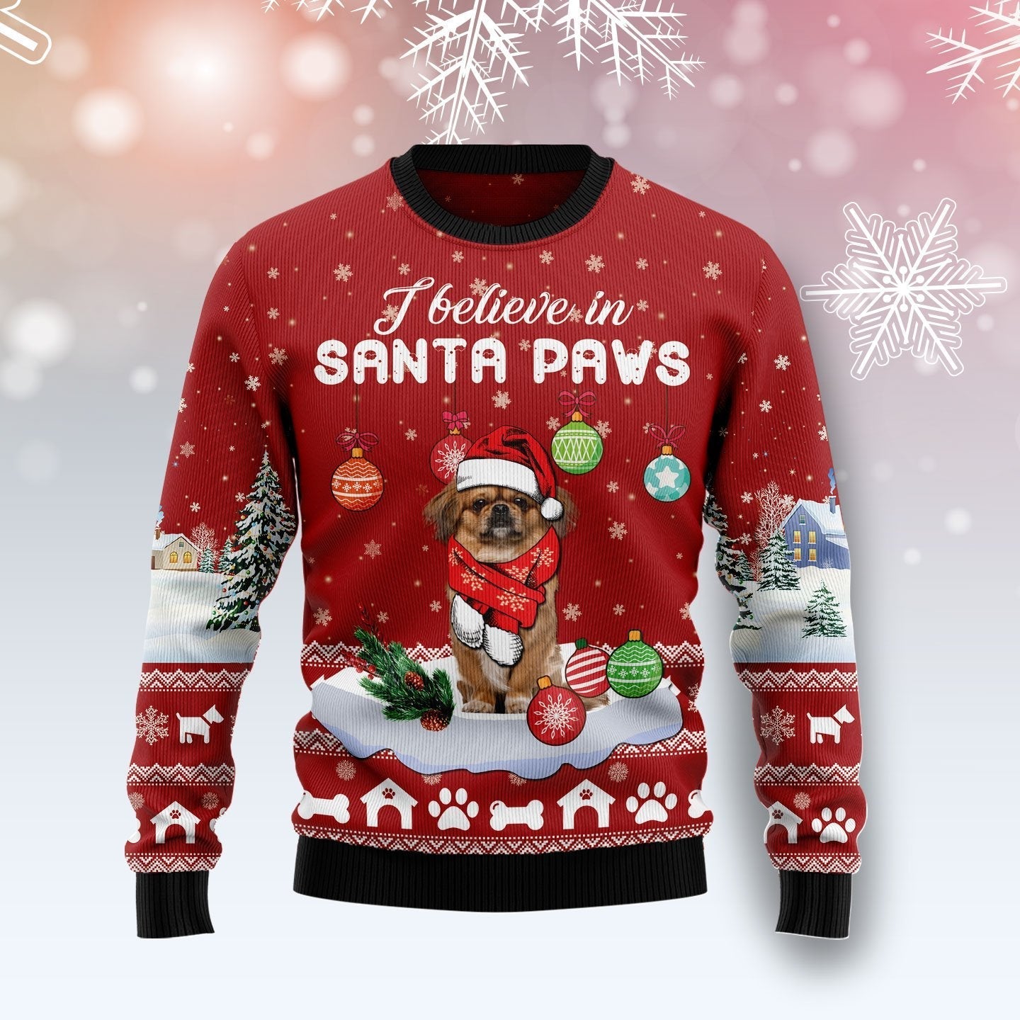 Pekingese Dog I Believe In Santa Paws Ugly Christmas Sweater 