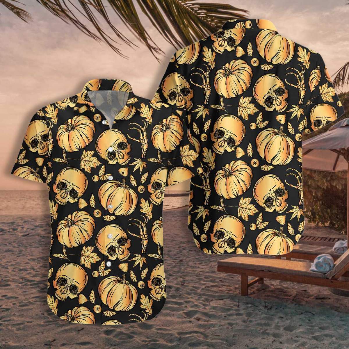 Hawaiian Aloha Shirts Halloween Pumpkin And Skull Pattern