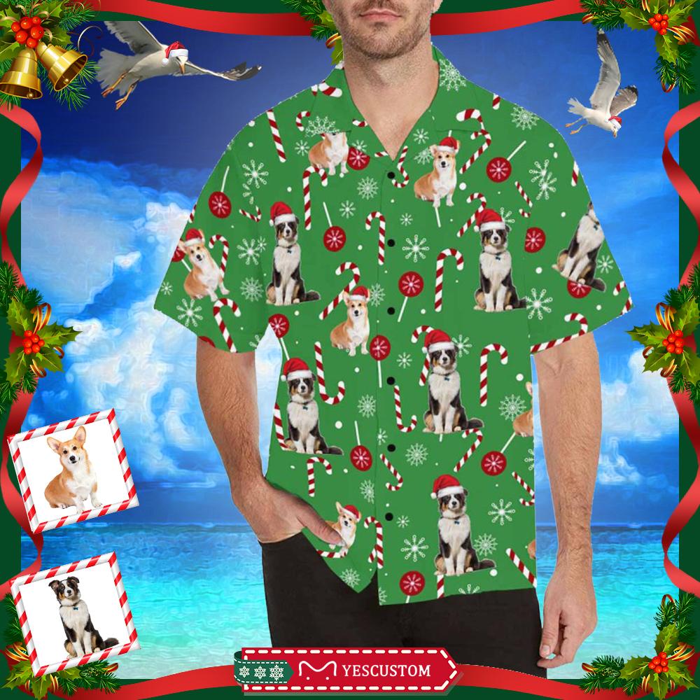 Custom Photo Christmas Dogs Green Men's All Over Print Hawaiian Shirt