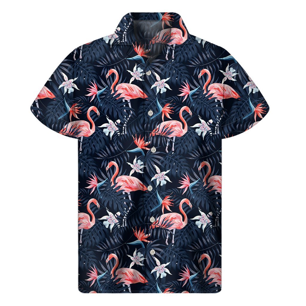 Dark Tropical Flamingo Pattern Print Mens Short Sleeve Shirt Hawaiian