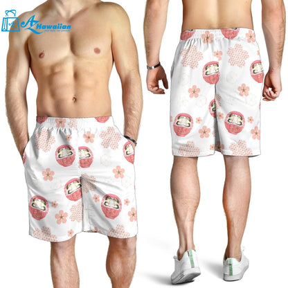 Daruma Japanese Wooden Doll Cherry Blossom Flower Pattern Men Shorts