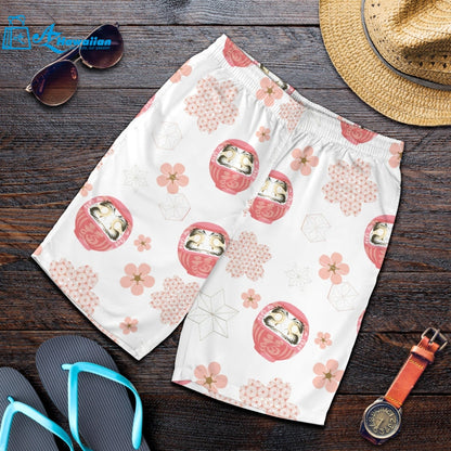 Daruma Japanese Wooden Doll Cherry Blossom Flower Pattern Men Shorts