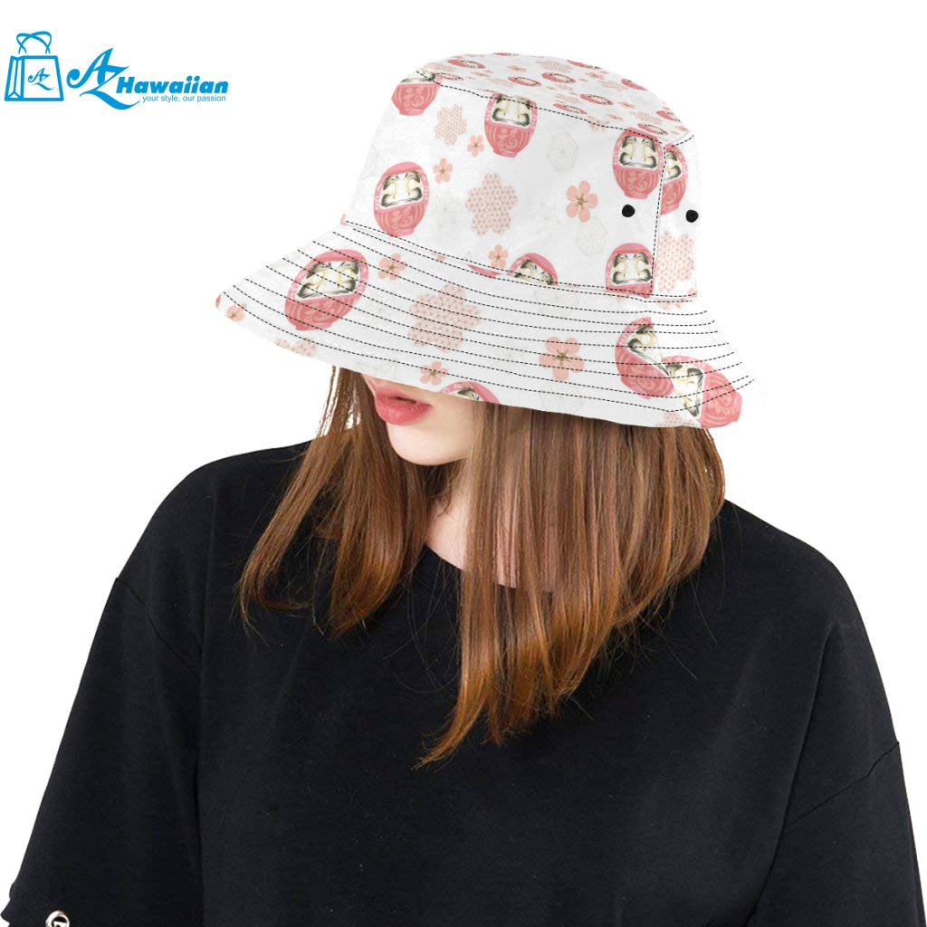 Daruma japanese wooden doll cherry blossom flower Unisex Bucket Hat