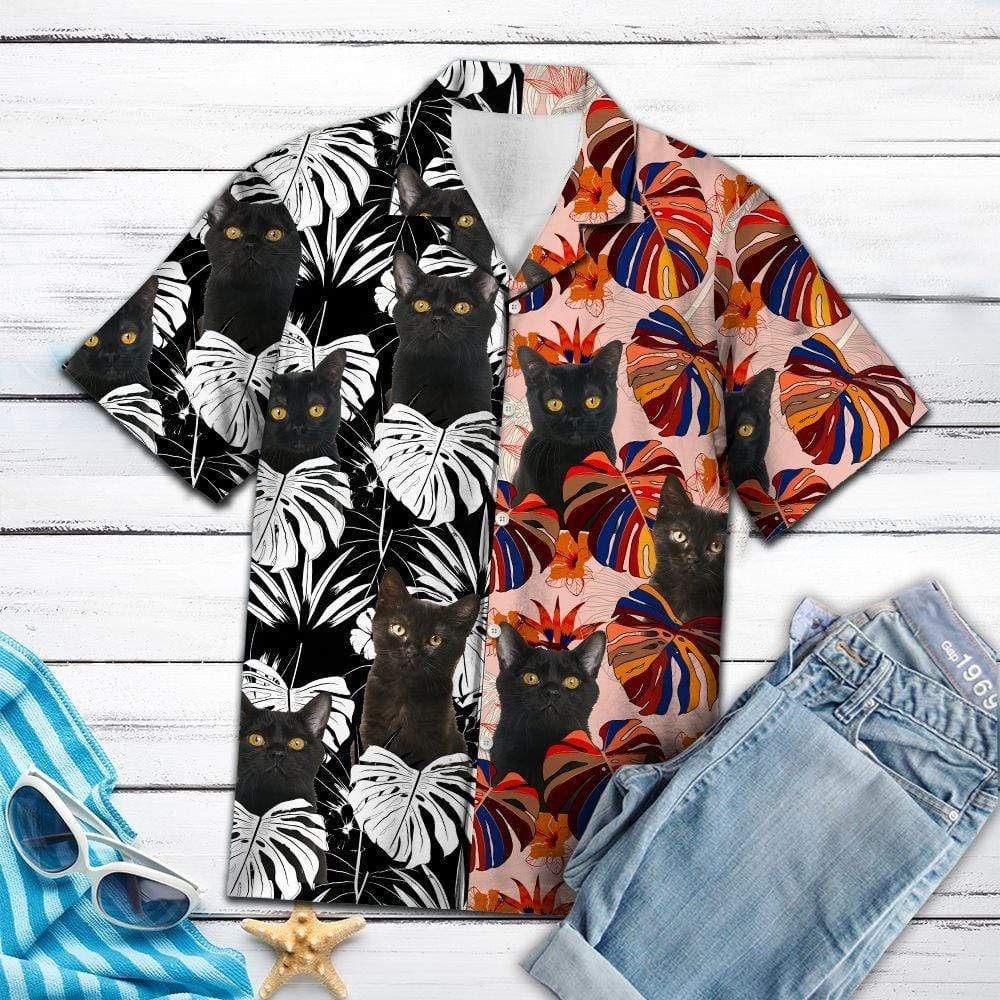 Black Cat And Floral Leaf Hawaiian Aloha Shirts #DH