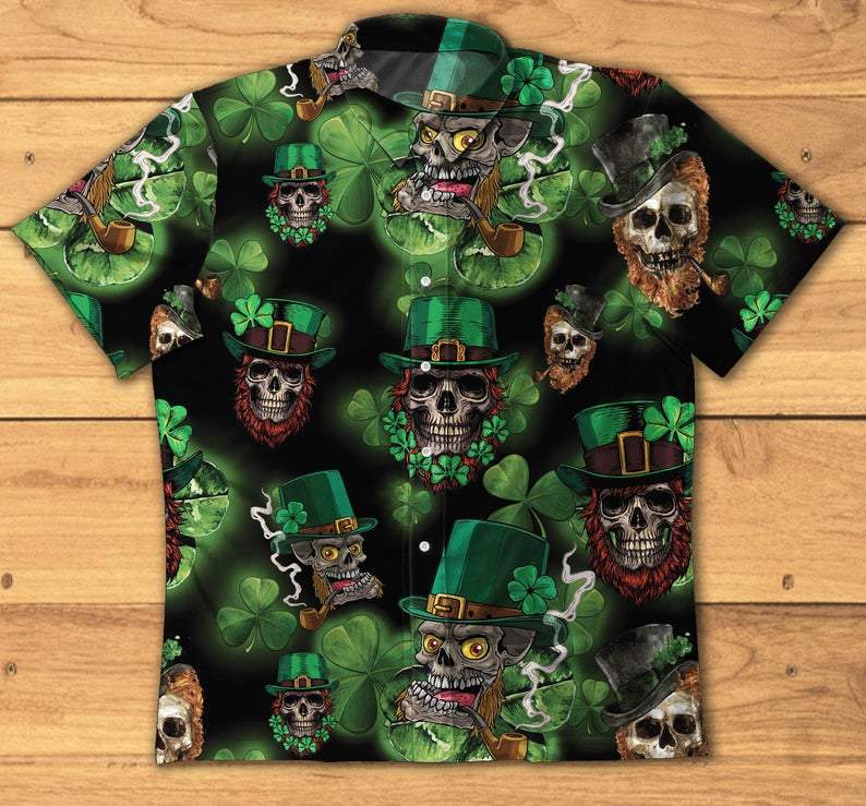 Skull Leprechaun Irish Happy St. Patrick's Day Hawaiian Aloha Shirts #V