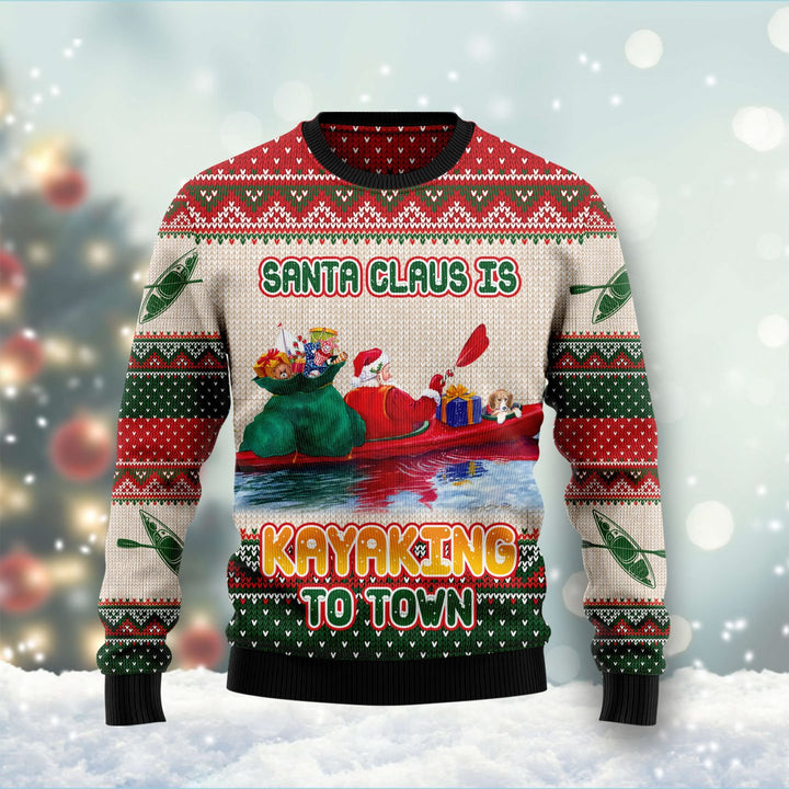 Santa Claus Is Kayaking To Town Ugly Christmas Sweater 