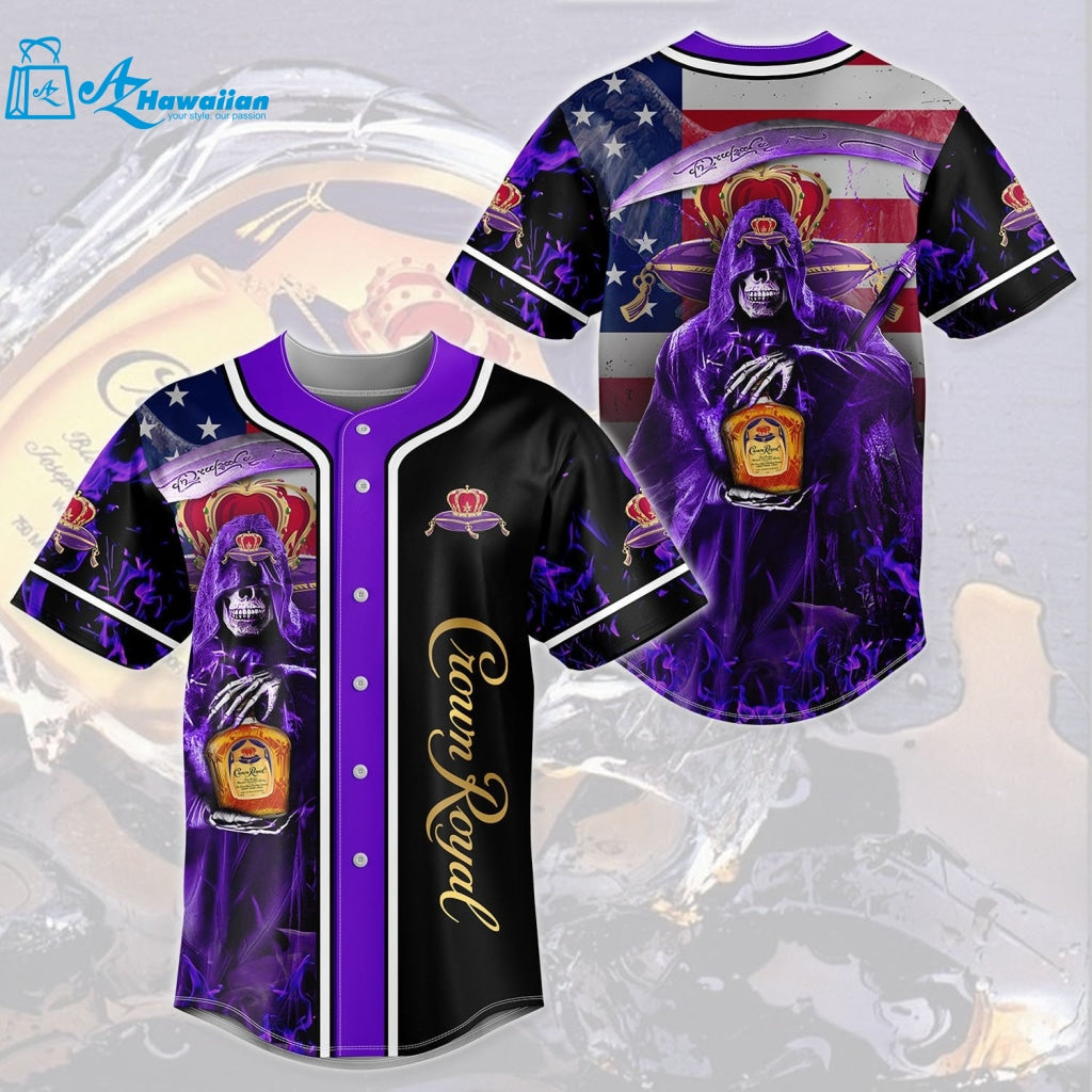 Death Hodling Crown Royal Usa Flag Flame All Over Print 3D Unisex Baseball Jersey Purple