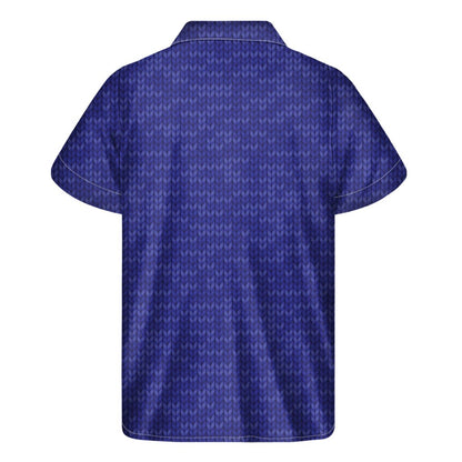 Deep Blue Knitted Pattern Print Mens Short Sleeve Shirt Hawaiian