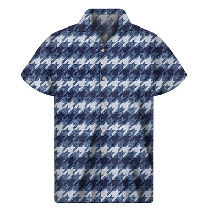Denim Houndstooth Pattern Print Mens Short Sleeve Shirt Hawaiian