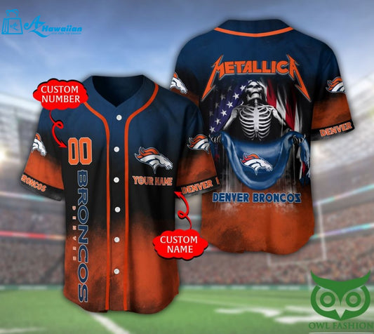 Denver Broncos 3D Personalized Gift, Custom Name Number Metallica Baseball Jersey