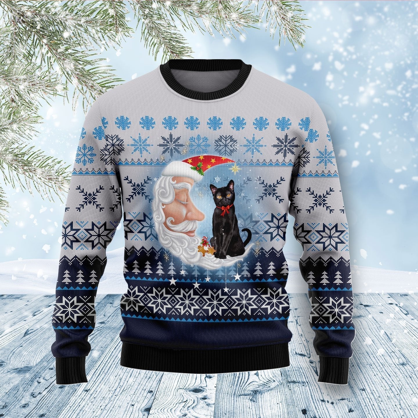 Black Cat Love Santa Moon Ugly Christmas Sweater 