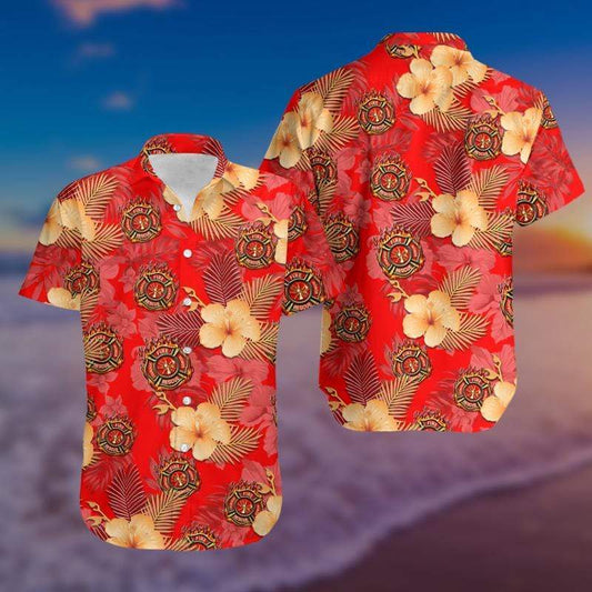 Amazing Firefighter Red Hibiscus Hawaiian Aloha Shirts