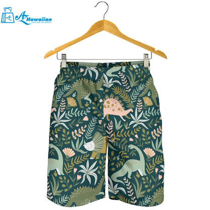 Dinosaurs Tropical Leaves Flower Pattern Men Shorts