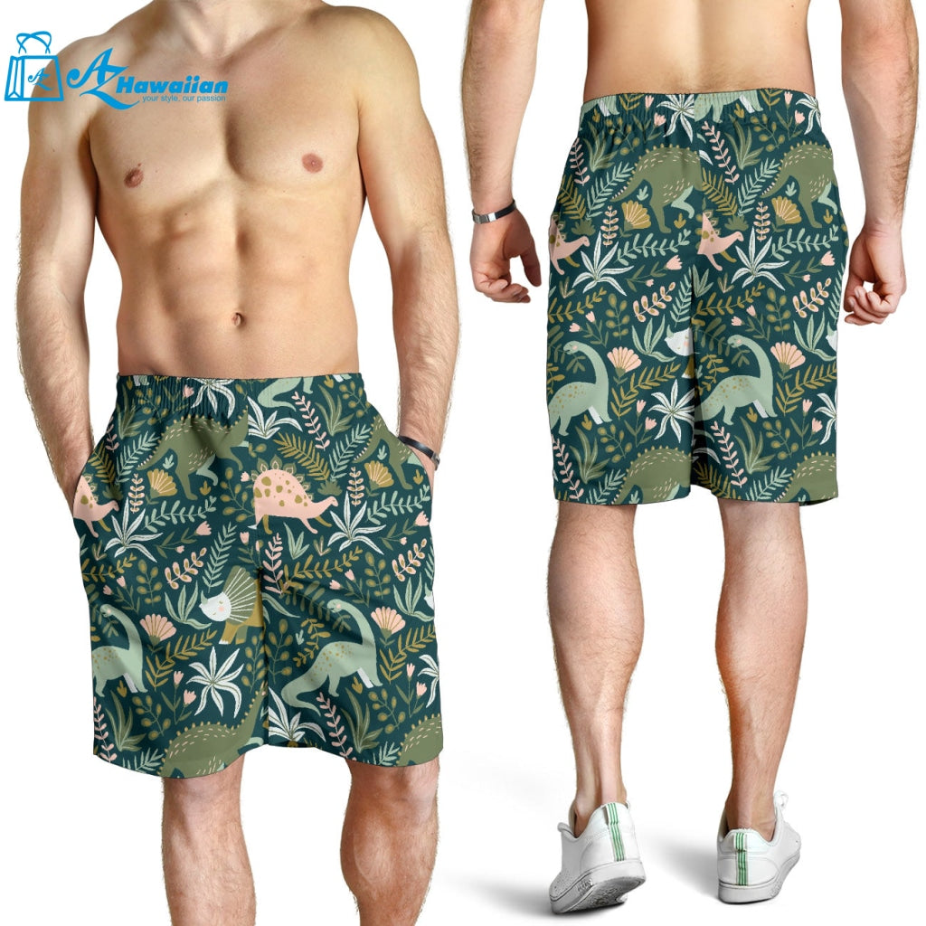 Dinosaurs Tropical Leaves Flower Pattern Men Shorts