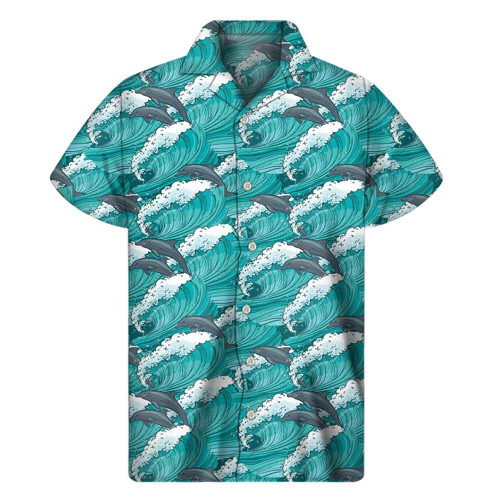 Dolphin Riding Waves Pattern Print Mens Short Sleeve Shirt Hawaiian