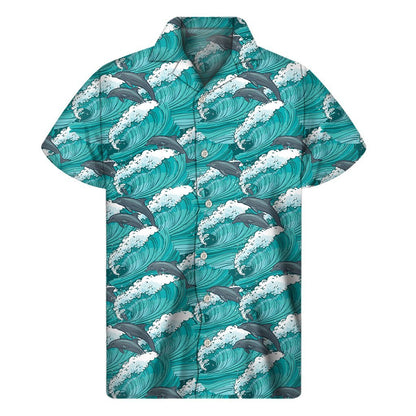 Dolphin Riding Waves Pattern Print Mens Short Sleeve Shirt Hawaiian