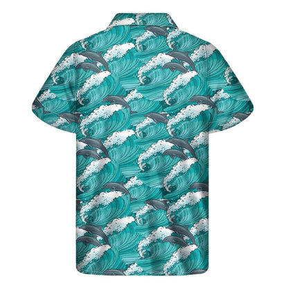 Dolphin Riding Waves Pattern Print Mens Short Sleeve Shirt Hawaiian