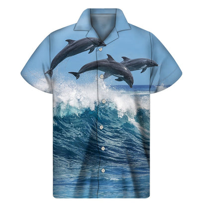 Dolphins Jumping Over Waves Print Mens Short Sleeve Shirt Hawaiian