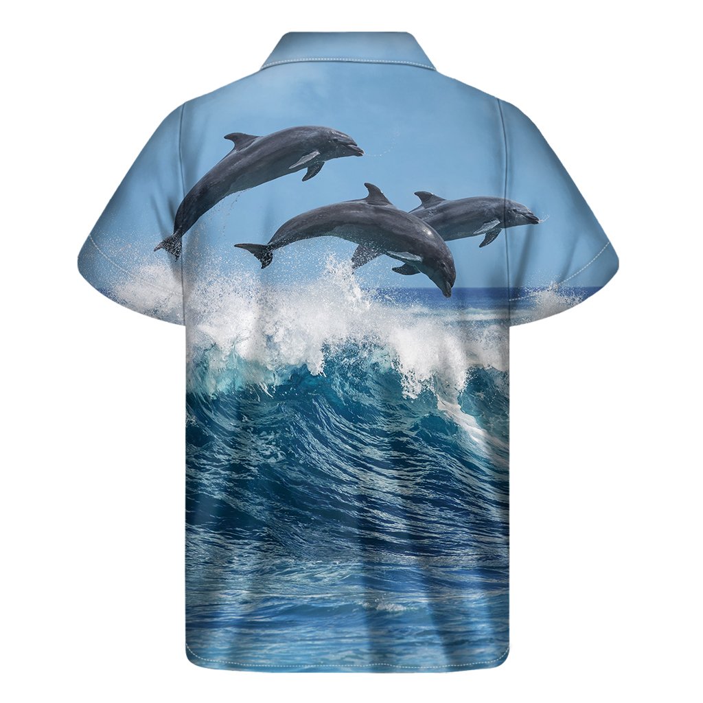 Dolphins Jumping Over Waves Print Mens Short Sleeve Shirt Hawaiian