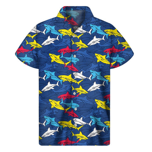 Doodle Shark Pattern Print Mens Short Sleeve Shirt Hawaiian