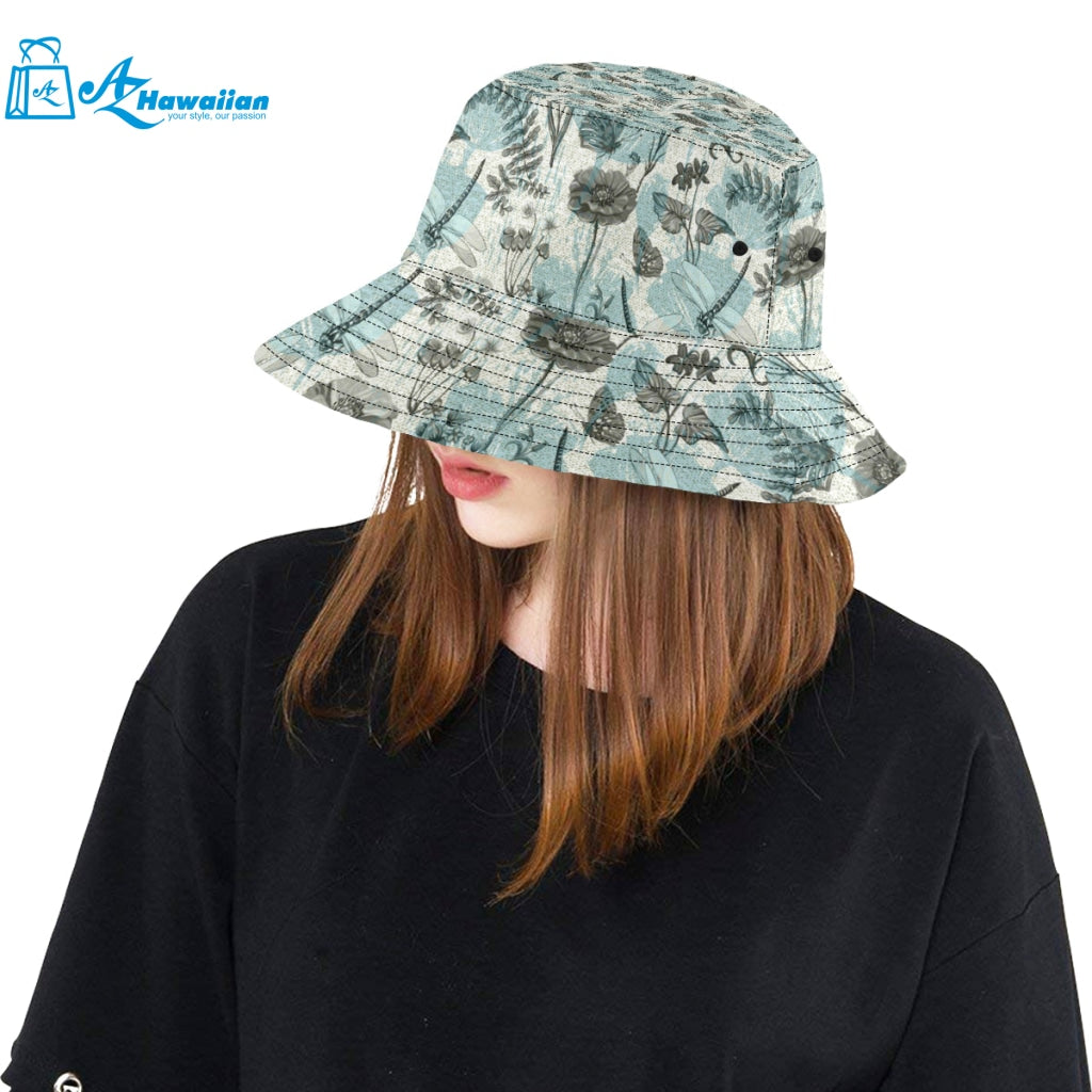 Dragonfly Butterfly Plants insect flower vintage s Unisex Bucket Hat