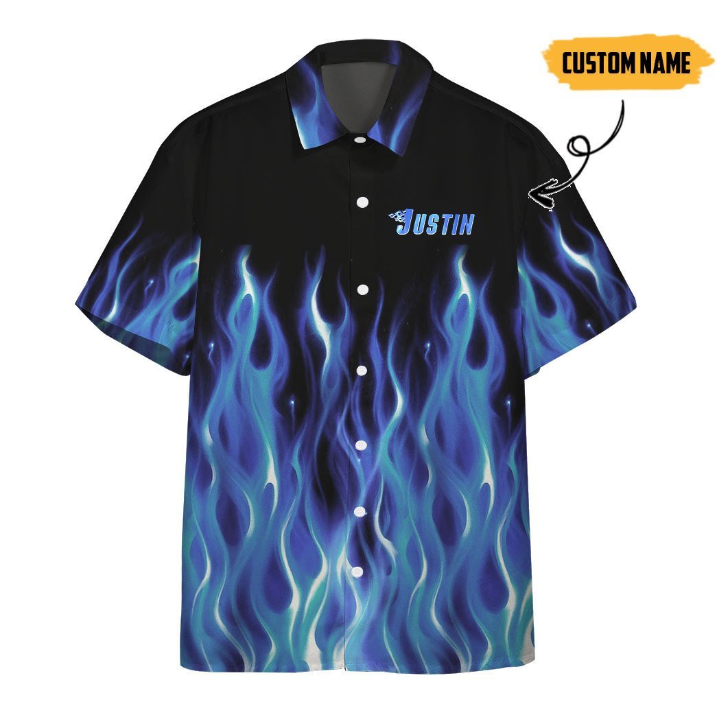  3D Hot Rod Blue Flame Bowling Custom Name Hawaii Shirt