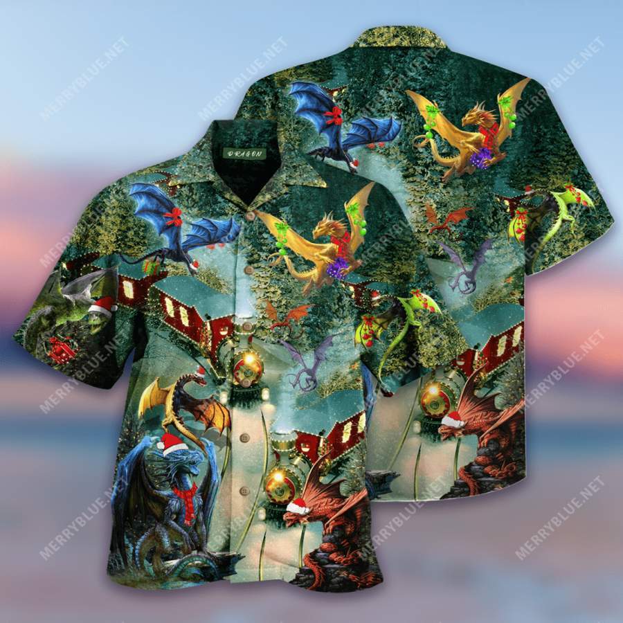 Dragons Christmas Train ?Blue Sky Hawaiian Aloha Shirts #H