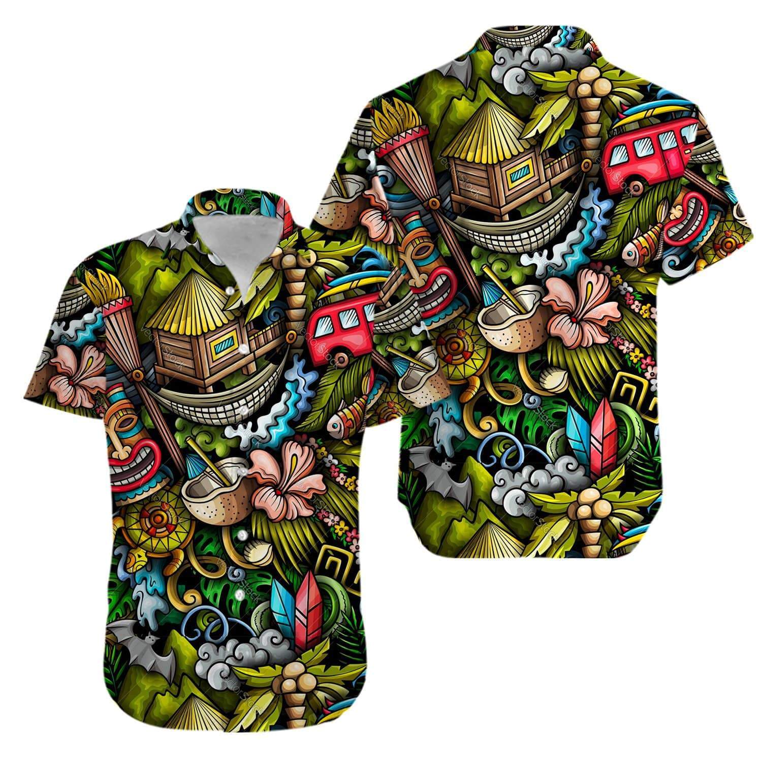 Ohana Hawaii Tiki Tropical ?Leaves Aloha Hawaiian Shirts #V