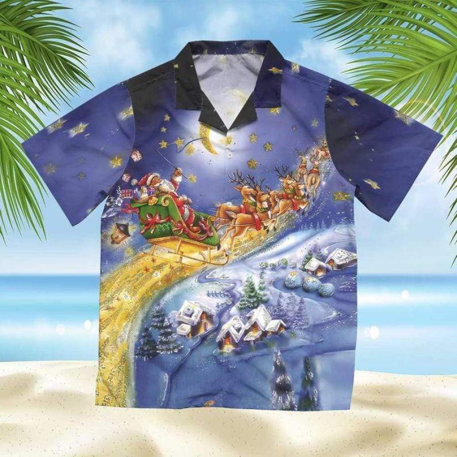 Santa Claus's reindeer Christmas Eve  is coming to town Hawaiian Aloha Shirts #V