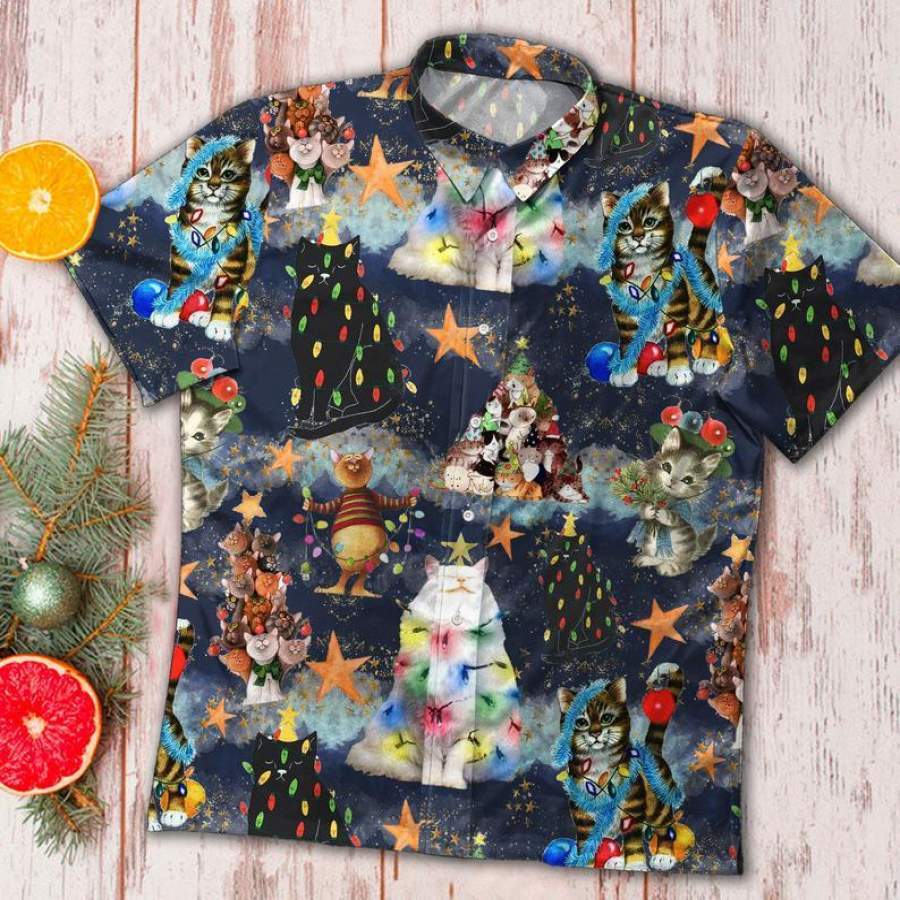 Funny Black Cat Christmas light Hawaiian Aloha Shirts #V