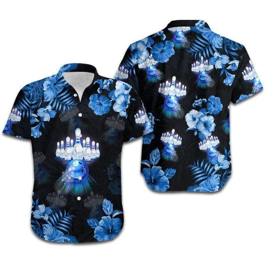 Hawaiian Aloha Shirts Bowling Neon Blue Tropical Floral