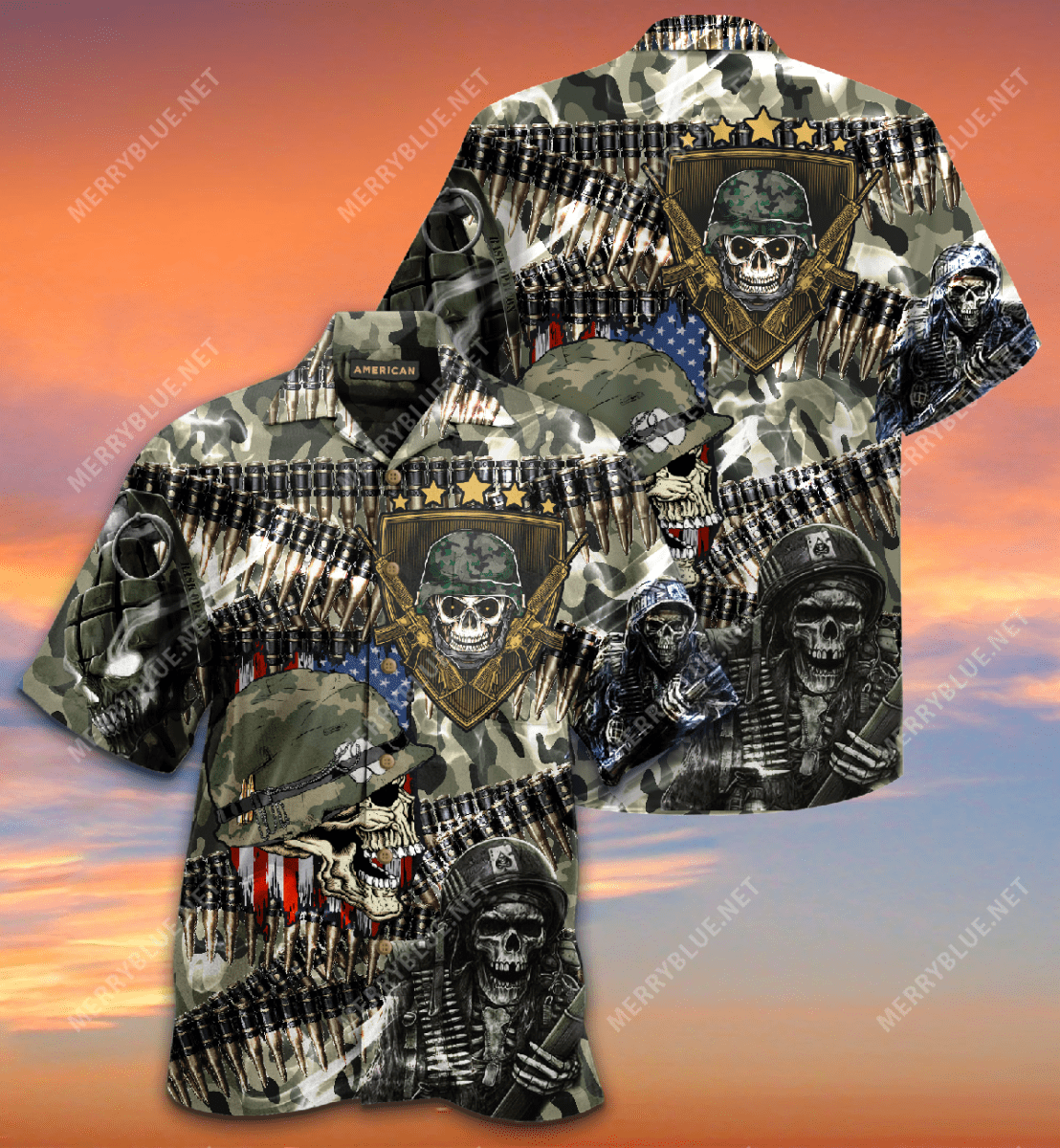 Veterans Bullet Belt Skulls Hawaiian Aloha Shirts #V